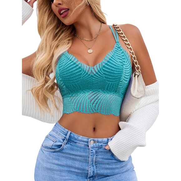Women's Apple Green Lace Camisoles Double-layered V-neck Sexy Bralettes Crop Top - Picture 1 of 7